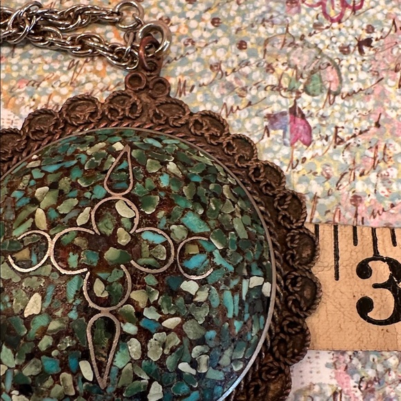 Vintage 1970s Turquoise Mosaic Pendant – Filigree Border, 2.75" Diam, Rope Chain - Picture 6 of 6